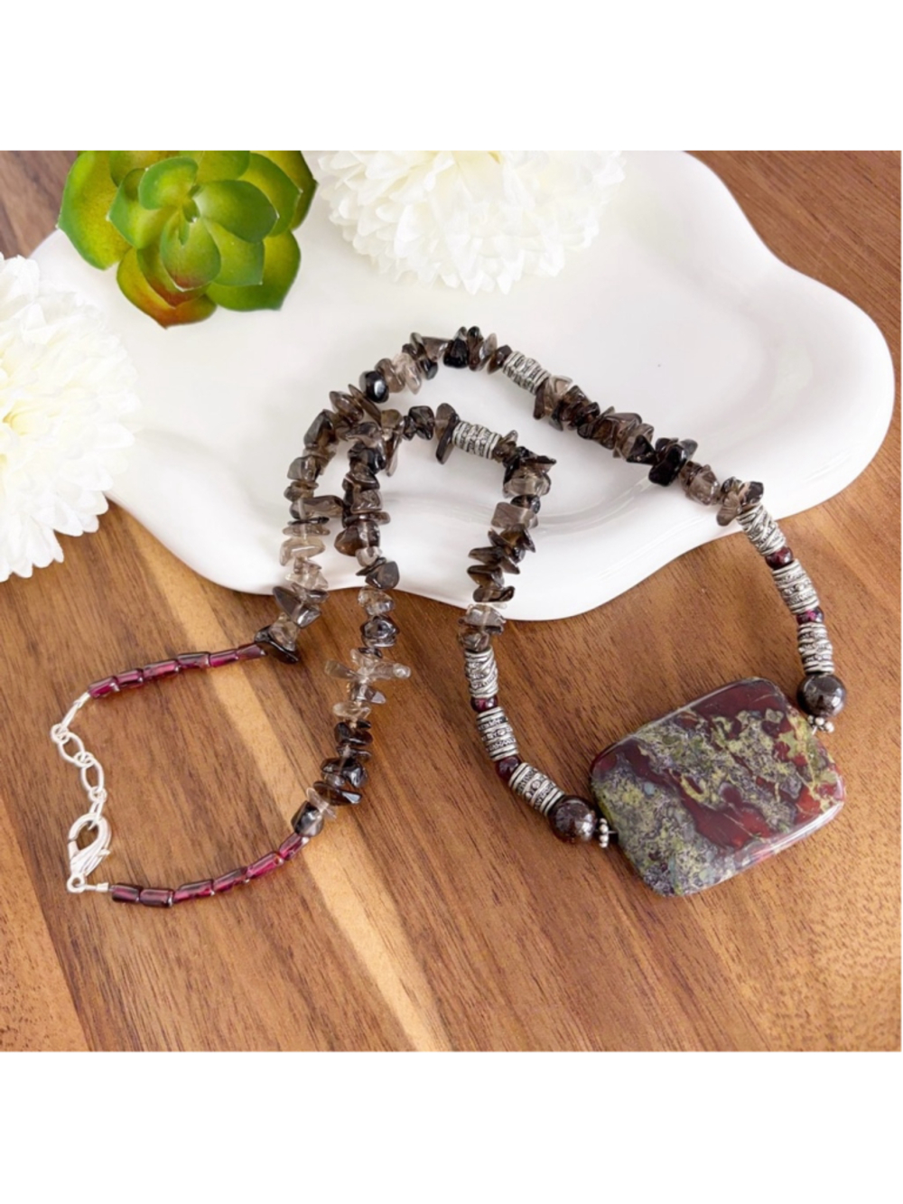 Vintage Necklace Dragon's Blood Jasper Smokey Quartz Garnet Sterling Silver - Picture 5 of 8
